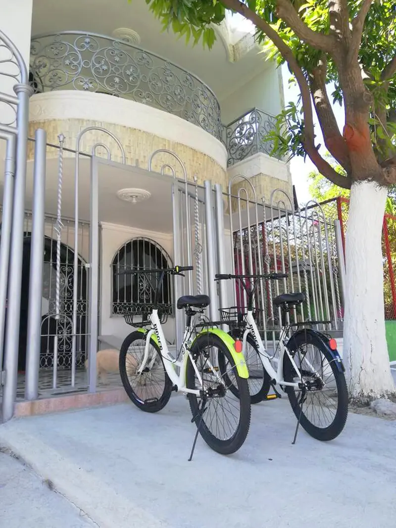 Dos bicicletas de la casa frente a la reja blanca de la entrada